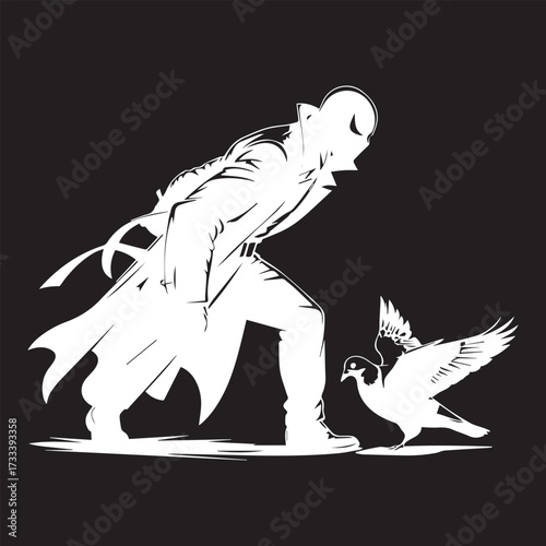A humorous silhouette of an assassin sneaking up on a pigeon