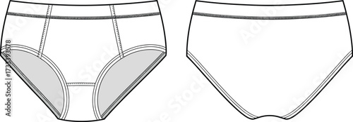Technical Fashion Flat Drawing of Men's Classic Underwear Briefs with a Comfortable Elastic Waistband, Paneling, and Reinforced Stitching for Apparel Design Vector Template.