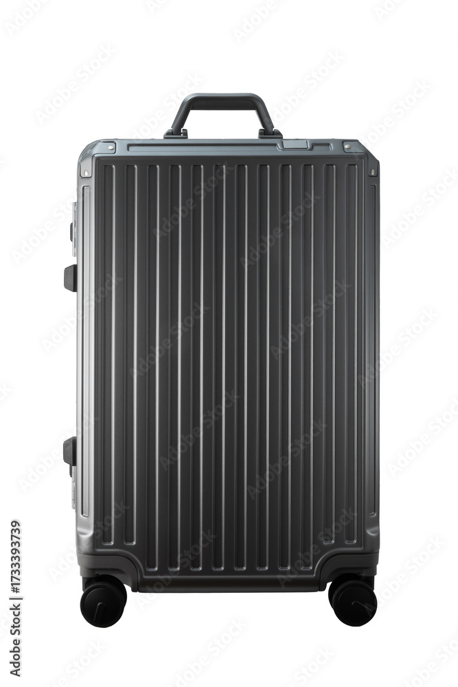 Fototapeta premium Gray rolling luggage standing on white backdrop