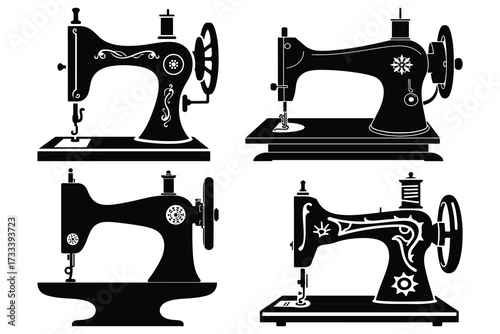 Four black silhouette vintage sewing machines antique