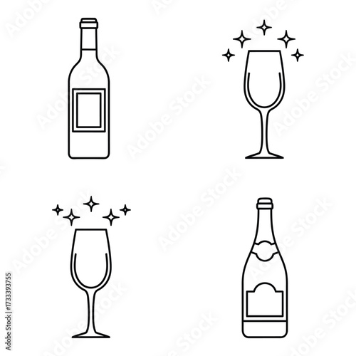 Vector art of elegant wine and champagne icons set