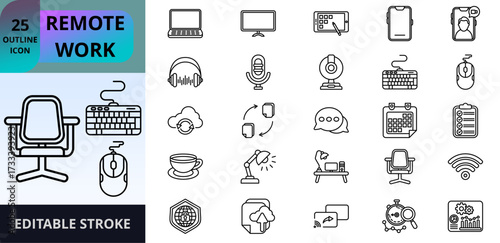 A modern collection of 25 outline icons representing remote work essentials, including laptops, video calls, productivity tools, and home office elements. Perfect for digital workspace and more