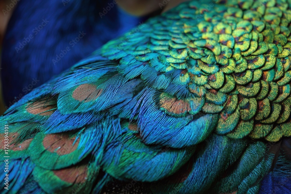 Obraz premium Closeup of peacock feathers displaying vibrant blue green and yellow iridescent colors and intricate patterns