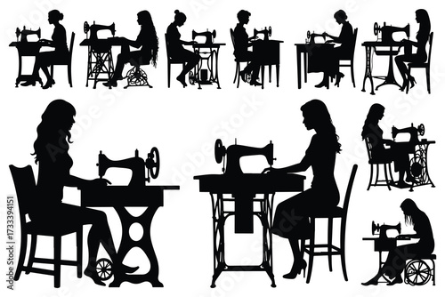 Silhouettes of women sewing on vintage machines woman
