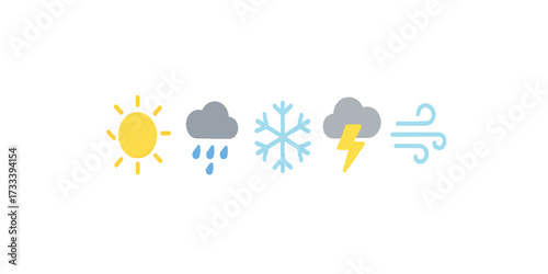 Print   Simple weather forecast icons. Stylized sun, cloud with rain, snowflake, thunderstorm cloud, and wind symbol. Flat, minimalist design with a friendly feel, isolated on white
