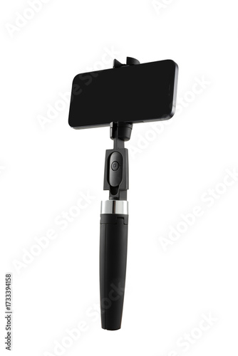 Selfie stick with smartphone with white background