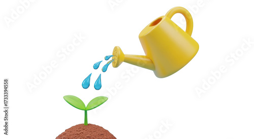 3D Yellow Watering Can Pouring Water on Green Sprout in Soil plant growth isolated on a transparent background