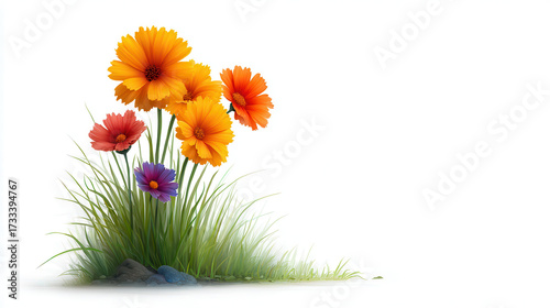 Bright orange and red flowers bloom amidst lush green grass, creating vibrant and cheerful scene that evokes feelings of joy and nature beauty