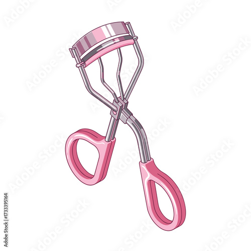 Illustration of a pink and silver eyelash curler isolated on a white background centered in the frame