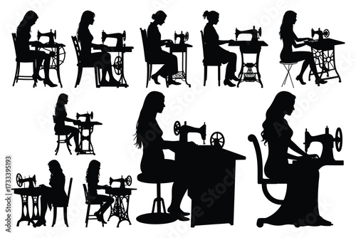 Silhouettes of women sewing on vintage sewing machines