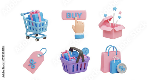 3DE-commerce Icons: Shopping Cart, Buy Button, Gift Box, Tag, Basket, Bag trolley hand isolated on a transparent background