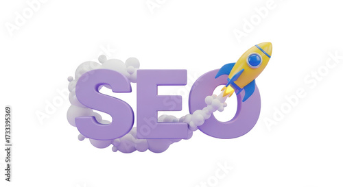 3DSEO Text with Rocket Launching Through Clouds search engine optimization isolated on a transparent background