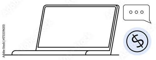 Laptop with a chat bubble and dollar icon emphasizing communication, finance, technology, and e-commerce. Ideal for business, marketing, online payments, remote work, fintech education simple flat