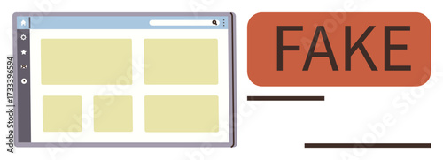 Browser window with grid layout adjacent to bold Fake label portrays digital misinformation. Ideal for online deception, false content, cybersecurity, awareness, trust issues, verification