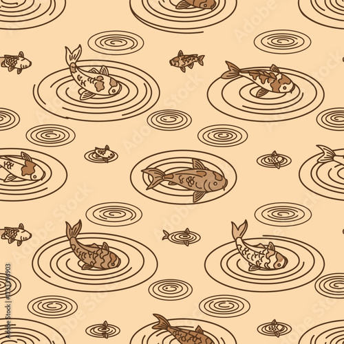 Cute Kawai Japanese Koi Fish in Rippling Water, A Charming Seamless Pattern Illustration