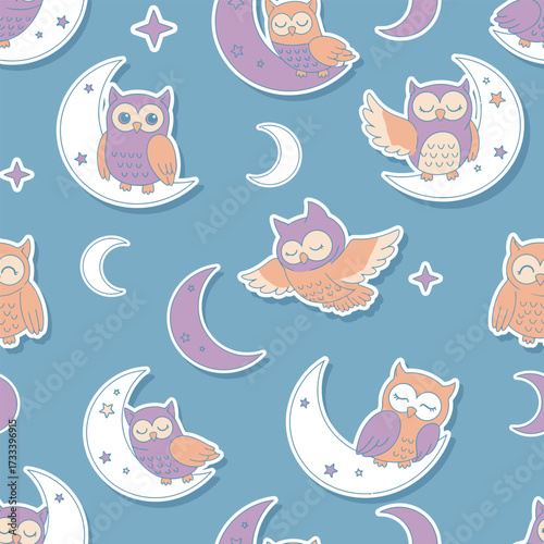 Adorable Cute Kawaii Owls on the Moon Seamless Pattern. Sweet and sleepy night birds vector background