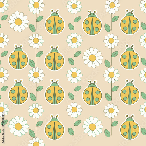 Cute Kawaii Seamless Pattern with Yellow Ladybugs and Daisy Flowers on a Beige Background