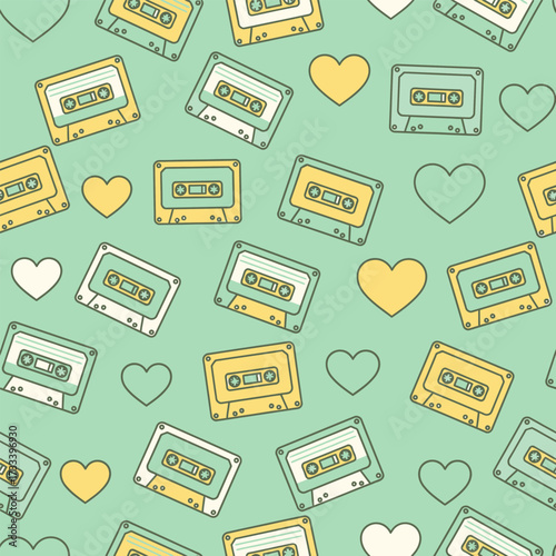 Cute Kawai Seamless Pattern with Retro Audio Cassette Tapes and Love Hearts