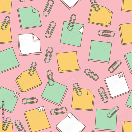 A Cute Kawai Seamless Pattern Featuring Hand-Drawn Sticky Notes and Office Paper Clips on a Pink Background