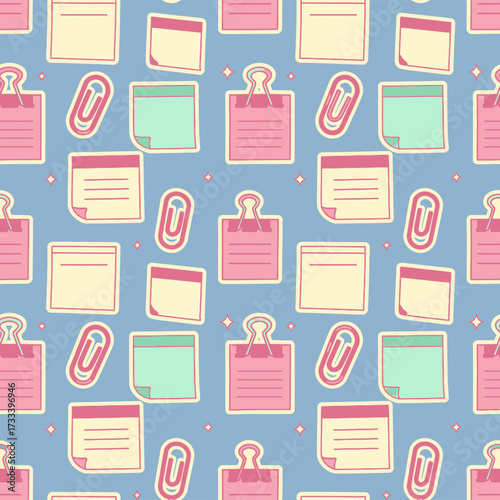 Cute Kawai Seamless Pattern of Stationery Supplies with Sticky Notes and Paper Clips