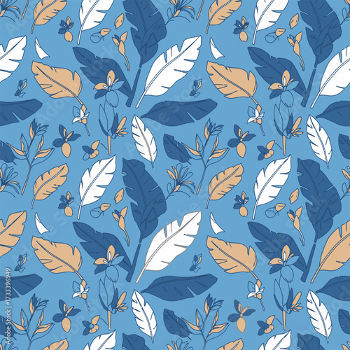 Cute Kawai Seamless Pattern of Tropical Banana Leaves and Flowers on a Blue Background