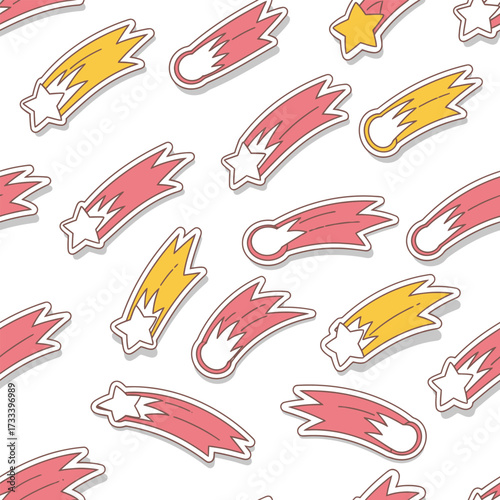A Cute and Colorful Kawai Seamless Pattern of Cartoon Shooting Stars and Comets
