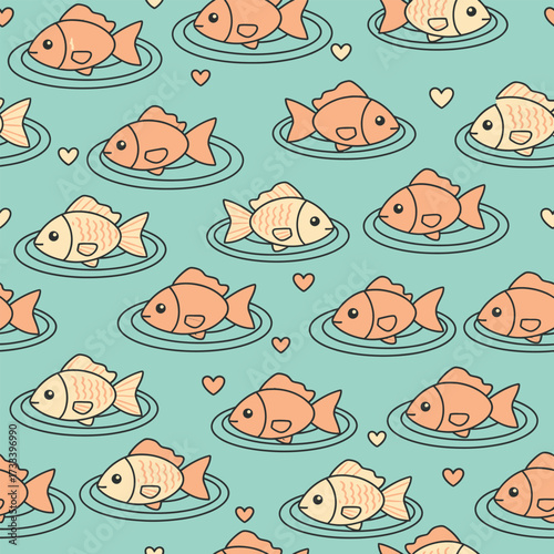 Cute Kawai Goldfish and Pink Hearts on a Blue Water Background Seamless Pattern Illustration