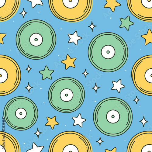 Cute Kawai Seamless Pattern with colorful vinyl records and stars on a blue background for creative projects
