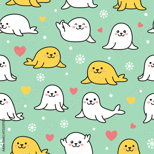 Seamless Pattern Cute Kawaii Seals, Adorable Baby Animals, Hearts, Snowflakes, Mint Background