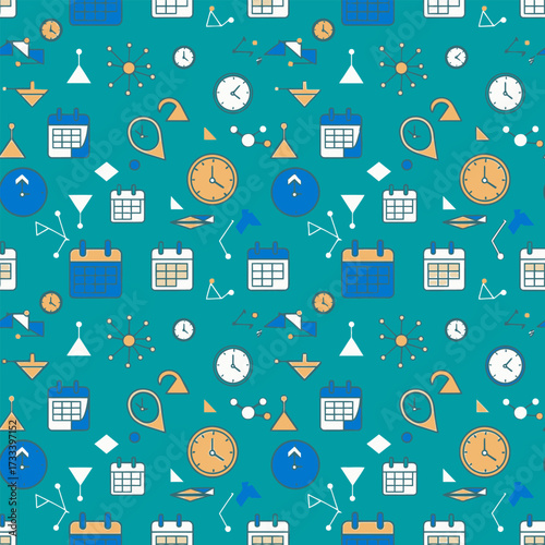 Seamless Pattern, Cute, Kawaii, Calendar, Clock, Planning, Organization, Symbols, Teal Background