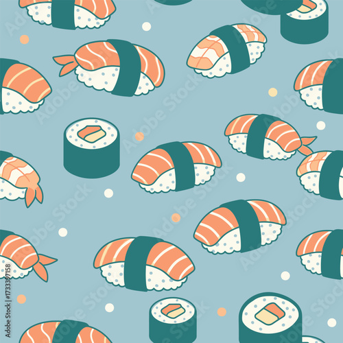Cute Kawaii Sushi Seamless Pattern, Food, Cute, Kawaii, Japanese Food, Cartoon