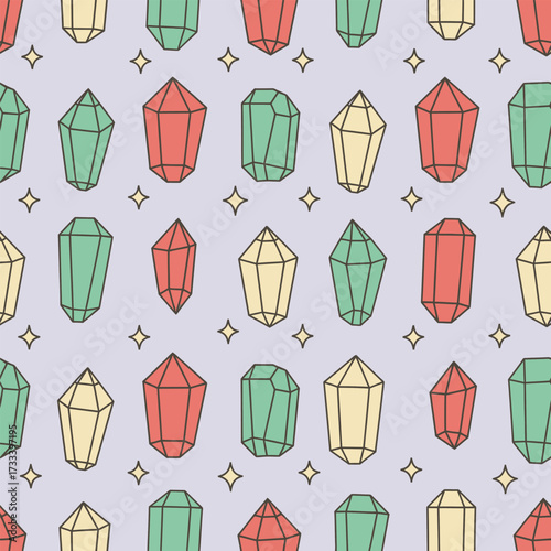 Seamless Pattern of Cute Kawaii Crystals with Sparkles on a Soft Purple Background