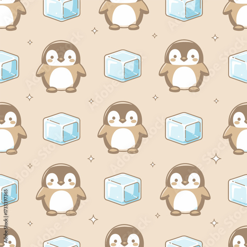Cute Kawaii Penguin Seamless Pattern with Ice Cubes on Pastel Background
