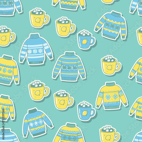 Seamless Pattern Cute Kawaii Sweaters and Hot Chocolate Mugs, Cozy Winter Vibes