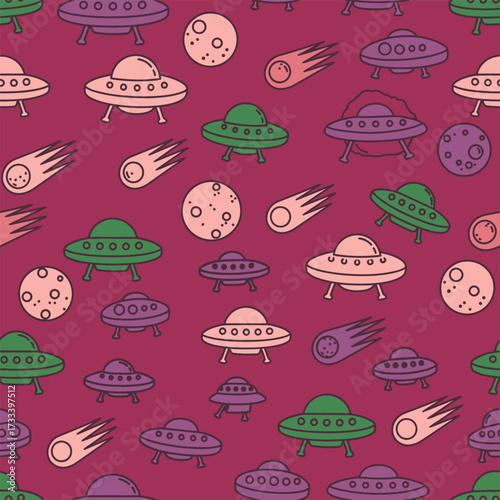 Seamless Pattern of Cute Kawaii UFOs and Comets on a Burgundy Background