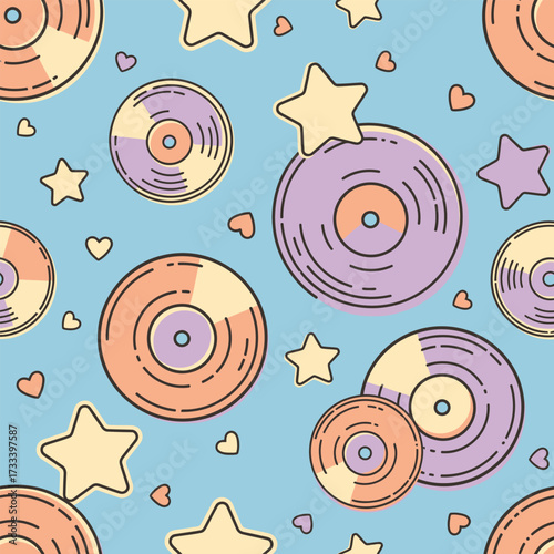 Seamless Pattern of Cute Kawaii Records and Stars, Playful Retro Music Vibes