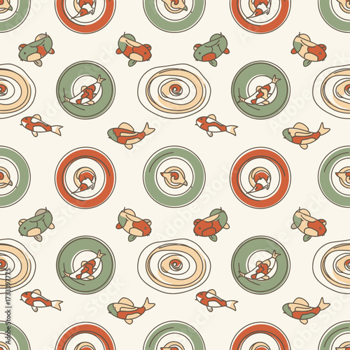 Seamless Pattern with Cute Kawaii Fish and Swirls in Pastel Colors