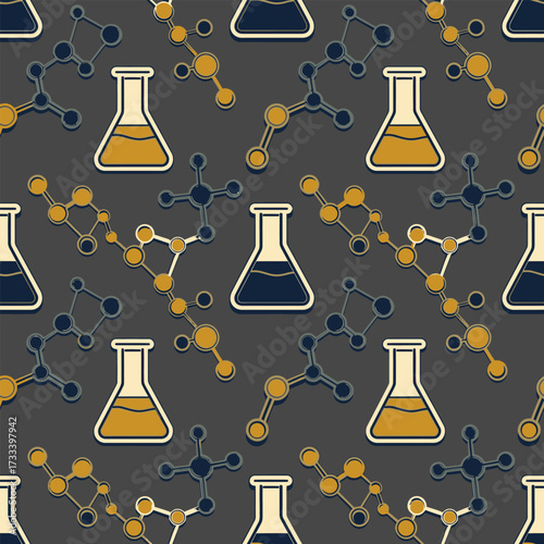 Seamless Pattern of Cute Kawaii Molecular Structures and Laboratory Flasks on Dark Background
