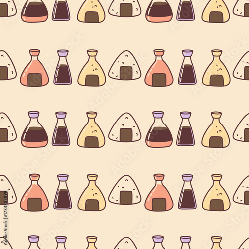 Seamless Pattern Cute Kawaii Onigiri and Soy Sauce Design for Background
