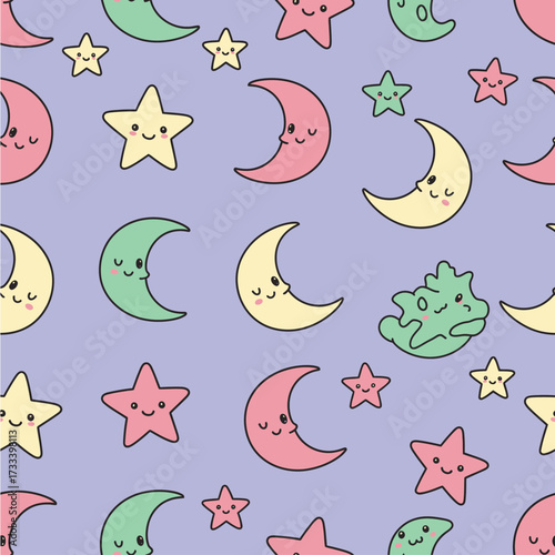 Seamless Pattern of Cute Kawaii Moons and Stars A Playful Digital Design