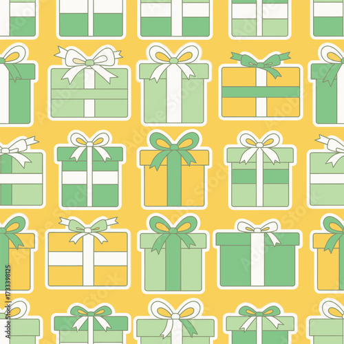 Seamless Pattern of Cute, Kawaii Presents and Gifts on a Yellow Background for Festive Designs