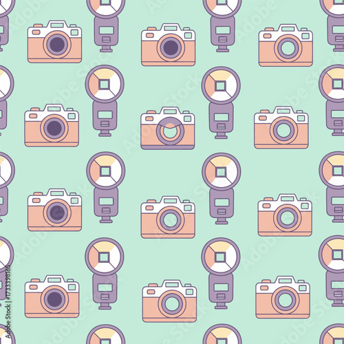 Seamless Pattern of Cute Kawai Cameras and Flash Units on a Pastel Green Background