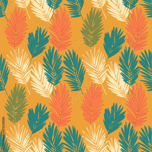 Seamless Pattern Featuring Cute Kawaii Tropical Leaves in Bright Colors for Design