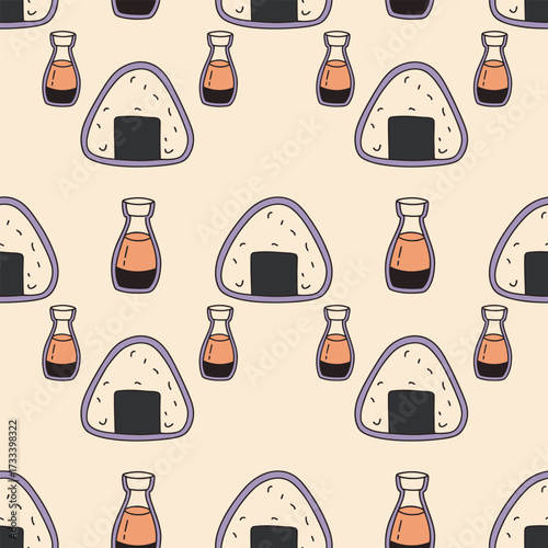 Cute Kawaii Seamless Pattern Featuring Onigiri and Soy Sauce A Delightful Design