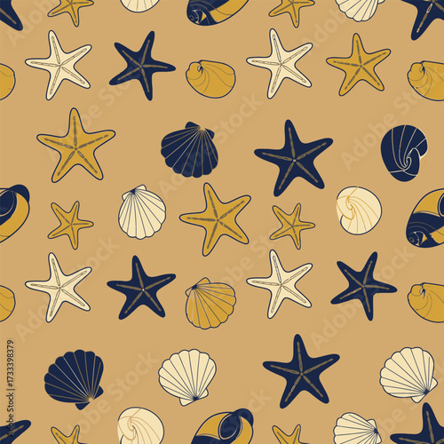 Seamless Pattern of Cute Kawaii Starfish and Shells Coastal Charm