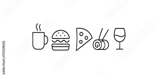 Print  Minimal outline icons for a food menu. Coffee cup, burger, pizza slice, sushi roll, and a wine glass. Playful and simple line art, perfect for cafe branding, on a white background
