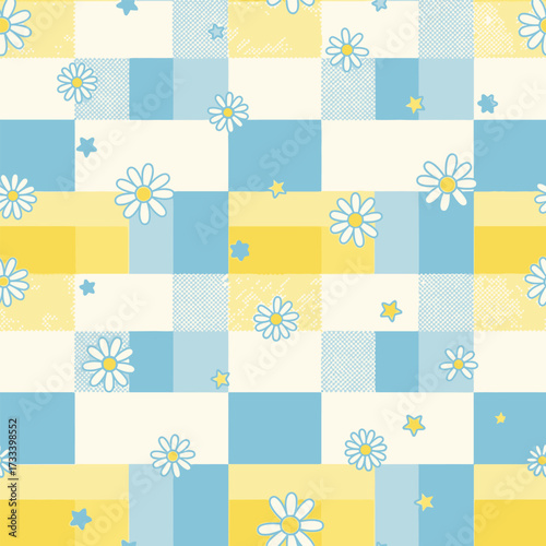 Seamless Kawaii Daisy and Star Pattern Cute Design for Textiles, Fabrics, and Backgrounds