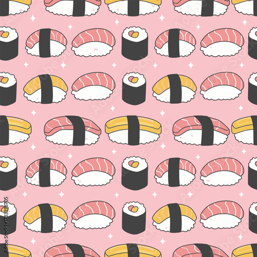 Seamless Pattern of Cute Kawaii Sushi A Delicious and Adorable Design on Pink Background