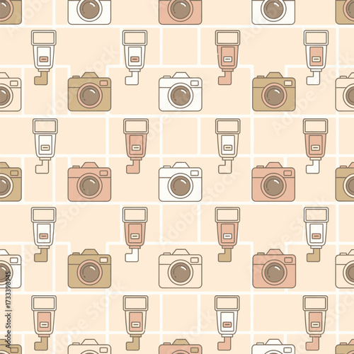 Seamless Pattern Cute, Kawaii Camera Collection Against a Brick Wall - Delightful Design