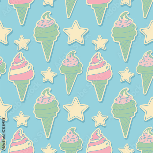 A Cute Kawai Seamless Pattern featuring pastel ice cream cones and stars on a blue background